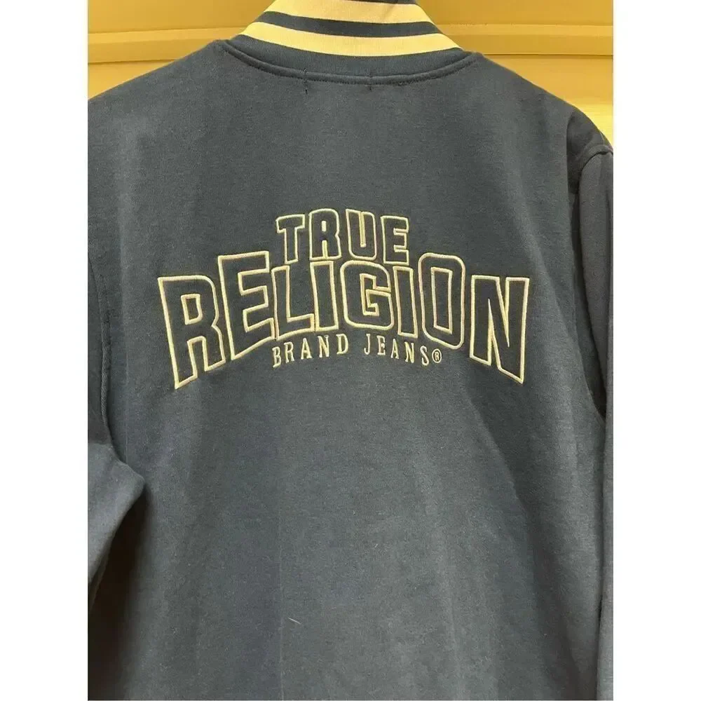 True Religion Navy Embroidered Insignia Varsity Jacket sz L NWT